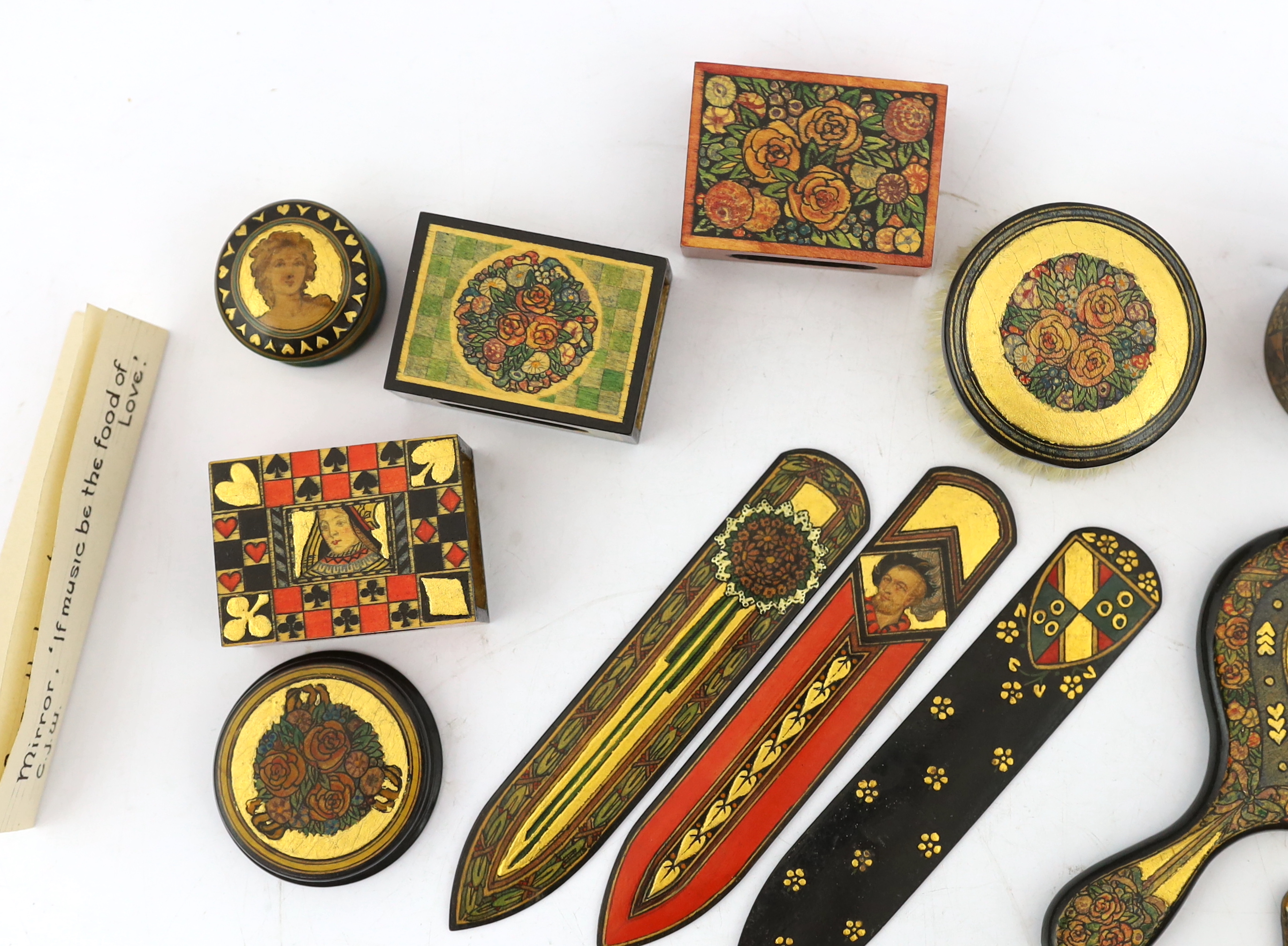 Gwendolen Beatrice White (British, 1904-1981) & Others, Paintings on woodwork, whitewood with stained and gilt gesso decoration